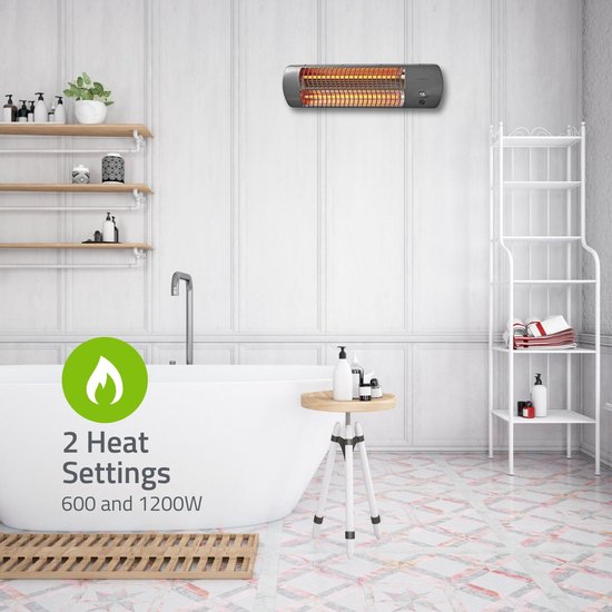 Grijze infraroodkachel aan badkamermuur met 2 warmtestanden van 600W en 1200W.