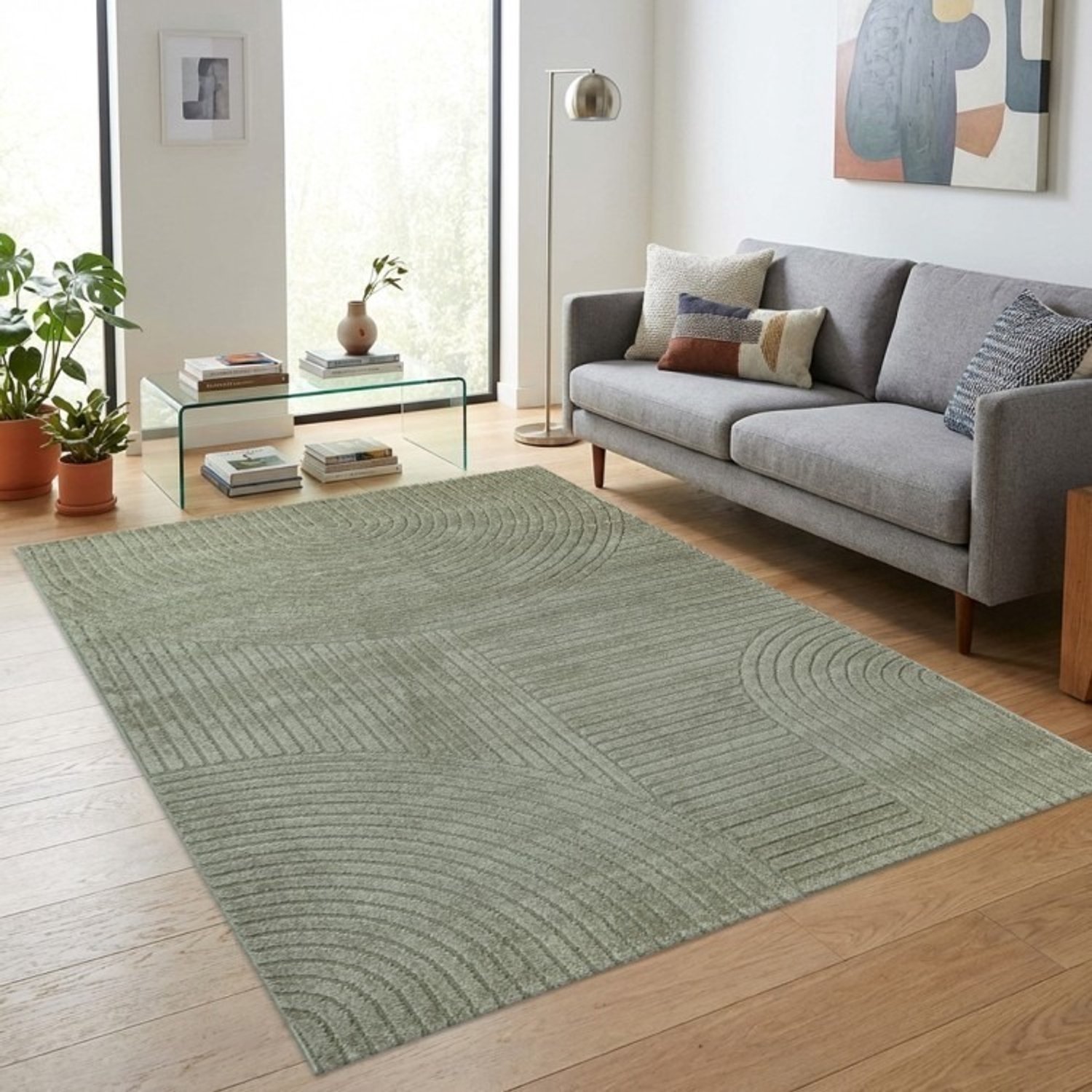 TapisTrend Designer tapijt Groen Modern vloerkleed met concentrische bogen en verhoogde geometrische lijnen voor woonkamer en slaapkamer, foto 3
