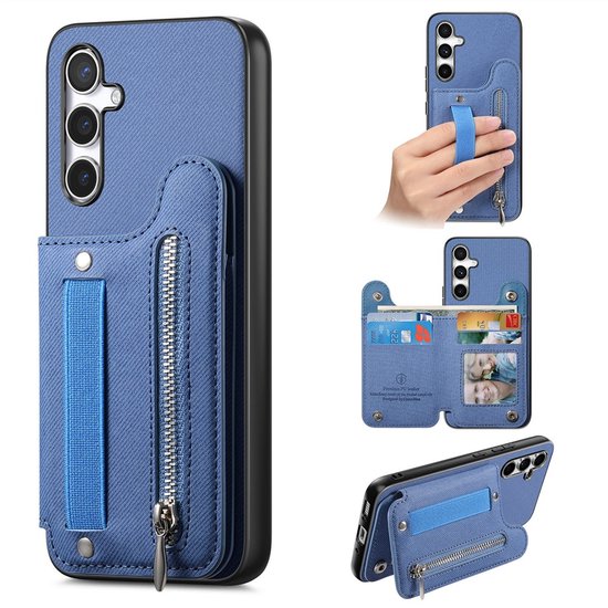 Blauw telefoonhoesje met ritsvak, pasjeshouder en lus voor de vingers.