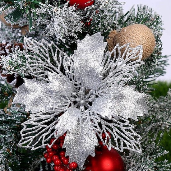 lyrlody 10 -stks Kerst Glitter Poinsettia Bloemen Xmas Decor Vakantiedecoratie Herbruikbare Kunstmatige Bloemen voor Boommuurdeur met 6 Kleuren 4,33 Inches (SILVER) — afbeelding 2