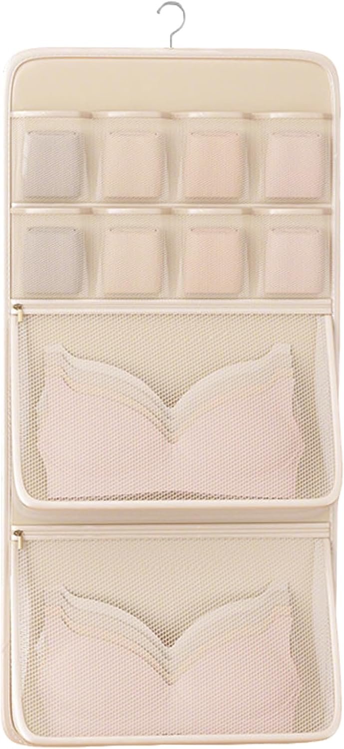 Hangende opbergtas van netstof, kledingkastorganizer, meerlaagse netvakken voor beha's, ondergoed en sokken, beige