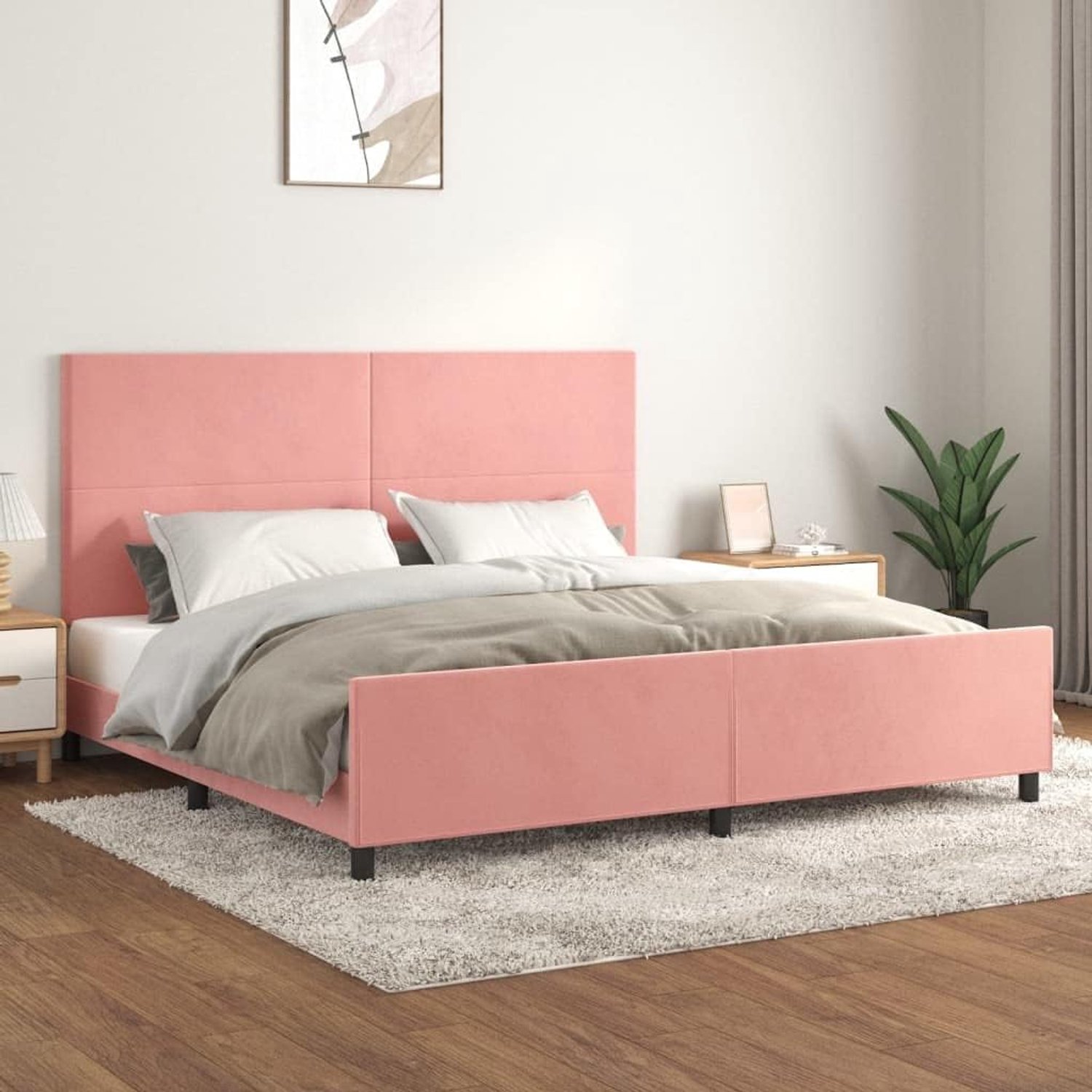 Bedframe met hoofdeinde, roze, 200 x 200 cm, fluwelen familiebed, hotelbed, bedframe voor slaapkamer, hotel, logeerkamer
