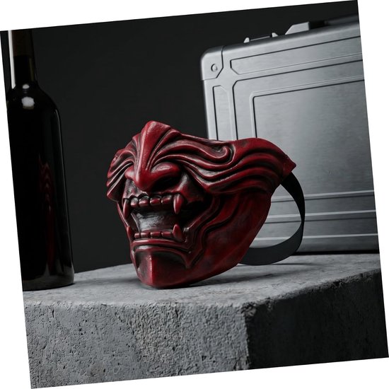 Half Face Japanese Samurai Mask Lichtgewicht Latex Demon Mask met Donkerrood Relief Ademend Flexibel voor Halloweenfeest Cosplay Podiumgebruik — afbeelding 2