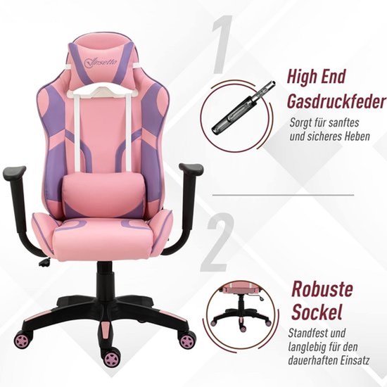 Ergonomische gamingstoel - Met massage en lendenkussen - In hoogte verstelbare kantoorstoel - Rose en paars - 69x56x125,5 cm — afbeelding 2