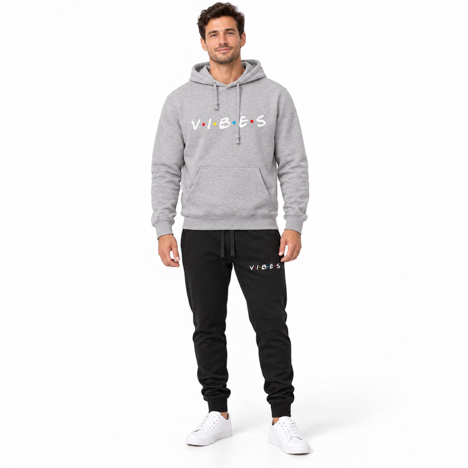 Trainingspak Heren - Joggingpak met Hoodie en Sportbroek - Katoen - Vibes print - Grijs - 4XL