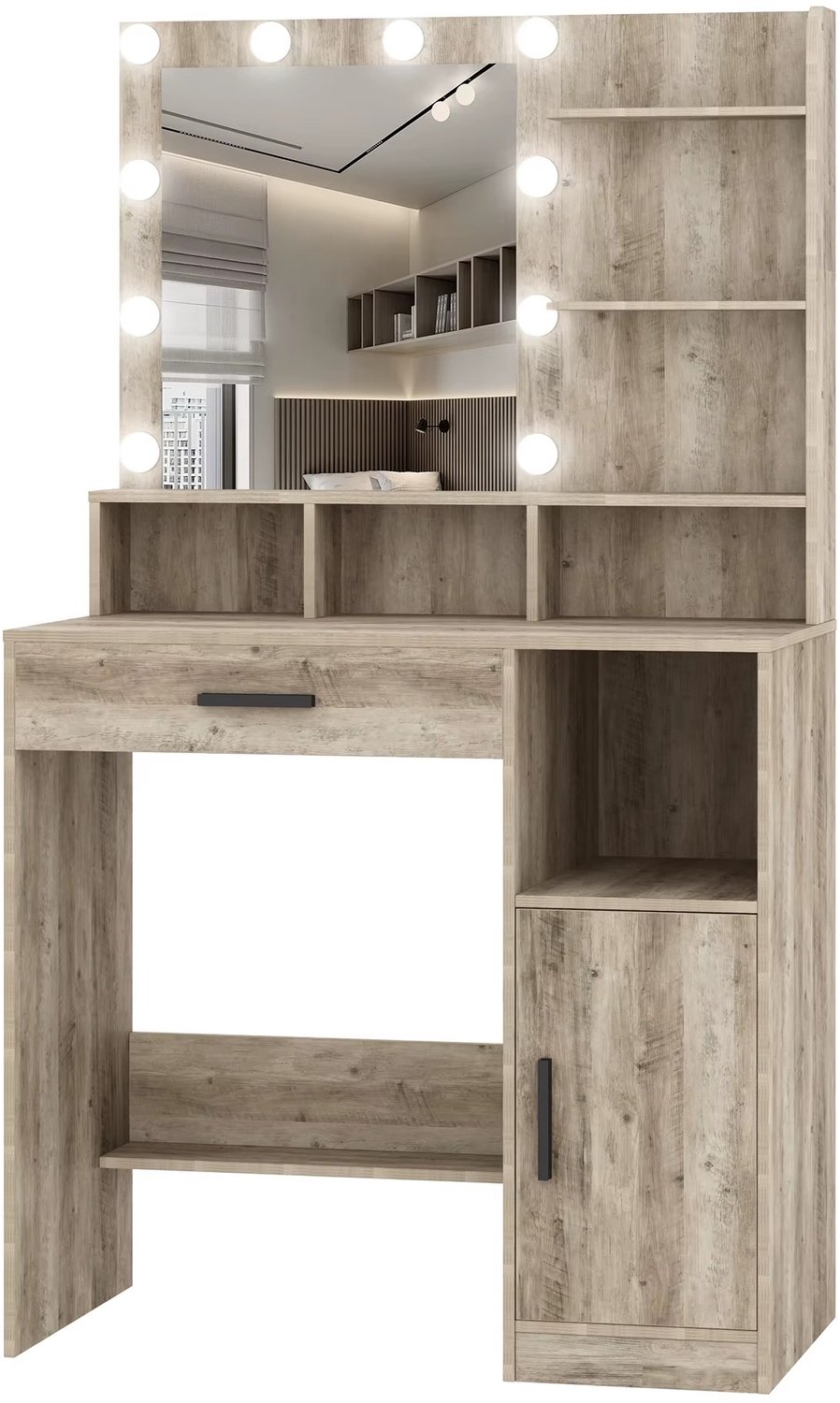 Whoopr® Kaptafel met Spiegel & 10 LED-Lampen – Make-up Tafel met Grote Lade, Opbergkast, 3 Planken & 4 Open Vakken – Make-up Meubel – 80 × 40 × 140 cm Houtskleur