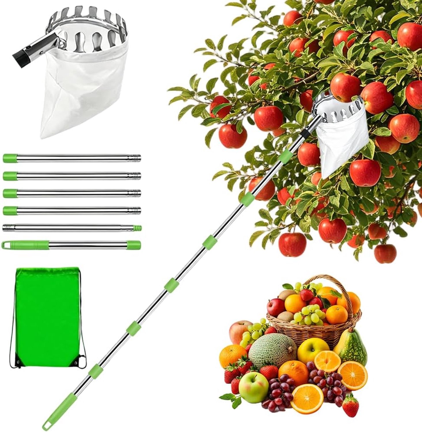 Fruitverzamelaar 2,4 m - telescopische handgreep - roestvrijstalen palen - veilige oogst van hoge vruchten - ShopVlot