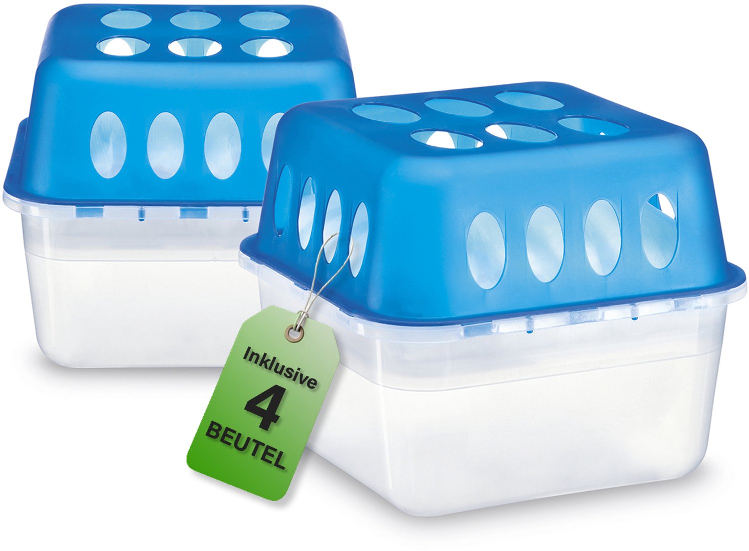 EASYmaxx luchtontvochtigerset, 2 reservoirs incl. 4 navulzakjes Luchtontvochtiger zonder stroom voor badkamer, kelder, kast en caravan, capaciteit tot 900 ml per zakje, voor ruimtes tot 20 m²