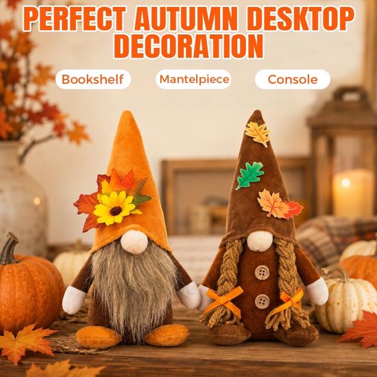2 Stuks Herfst Kabouters Pluche, Herfstkabouter, Herfstdecoratie, Tafeldecoratie Herfst, Figuren Ornament Gezichtsloze Herfstdwergen voor Huis, Tafel Thanksgiving Decoraties (B) — afbeelding 4