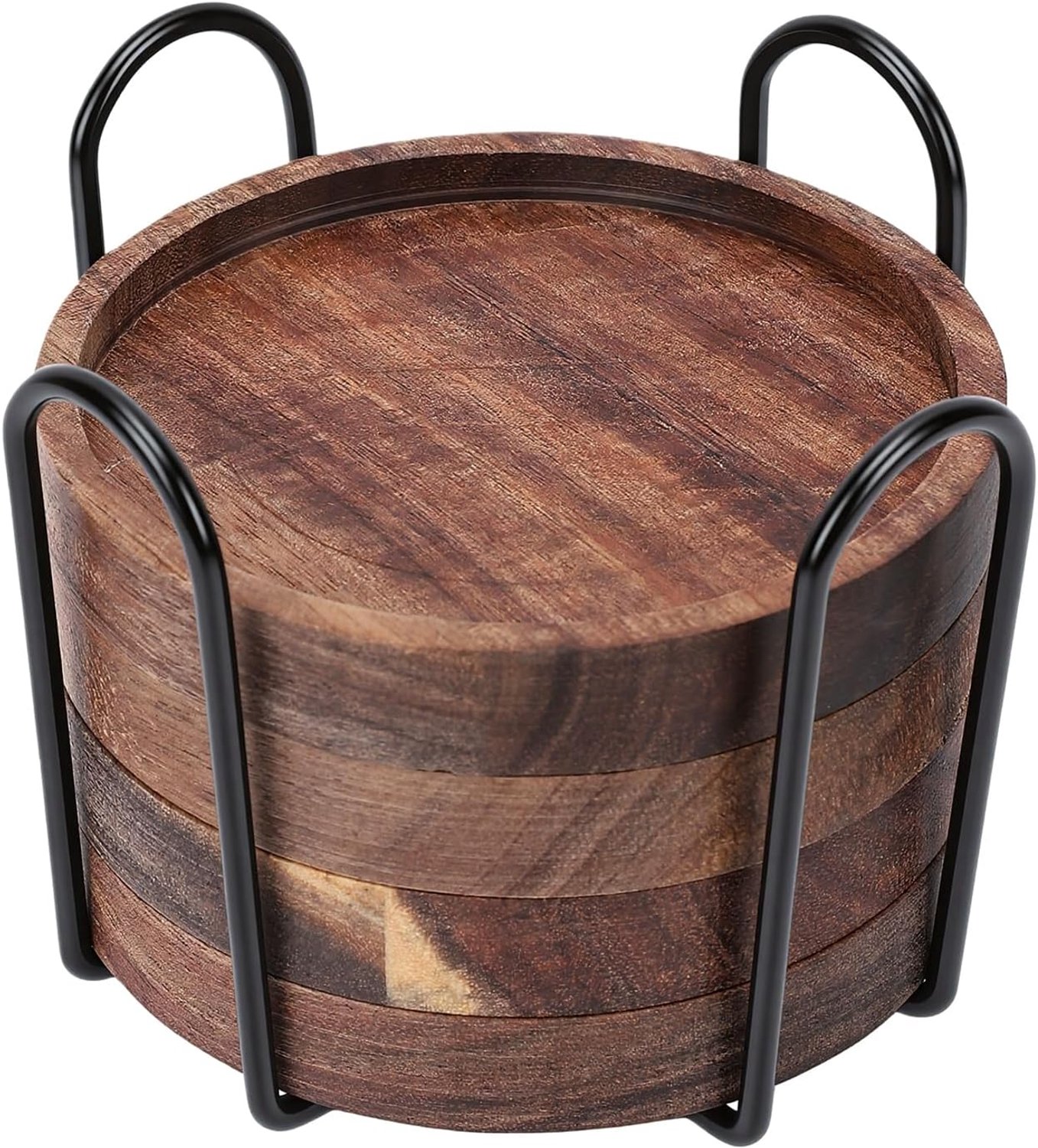 Houten Drankonderzetters Set met Houder, 3,9 Inch voor Tafels en Glazen