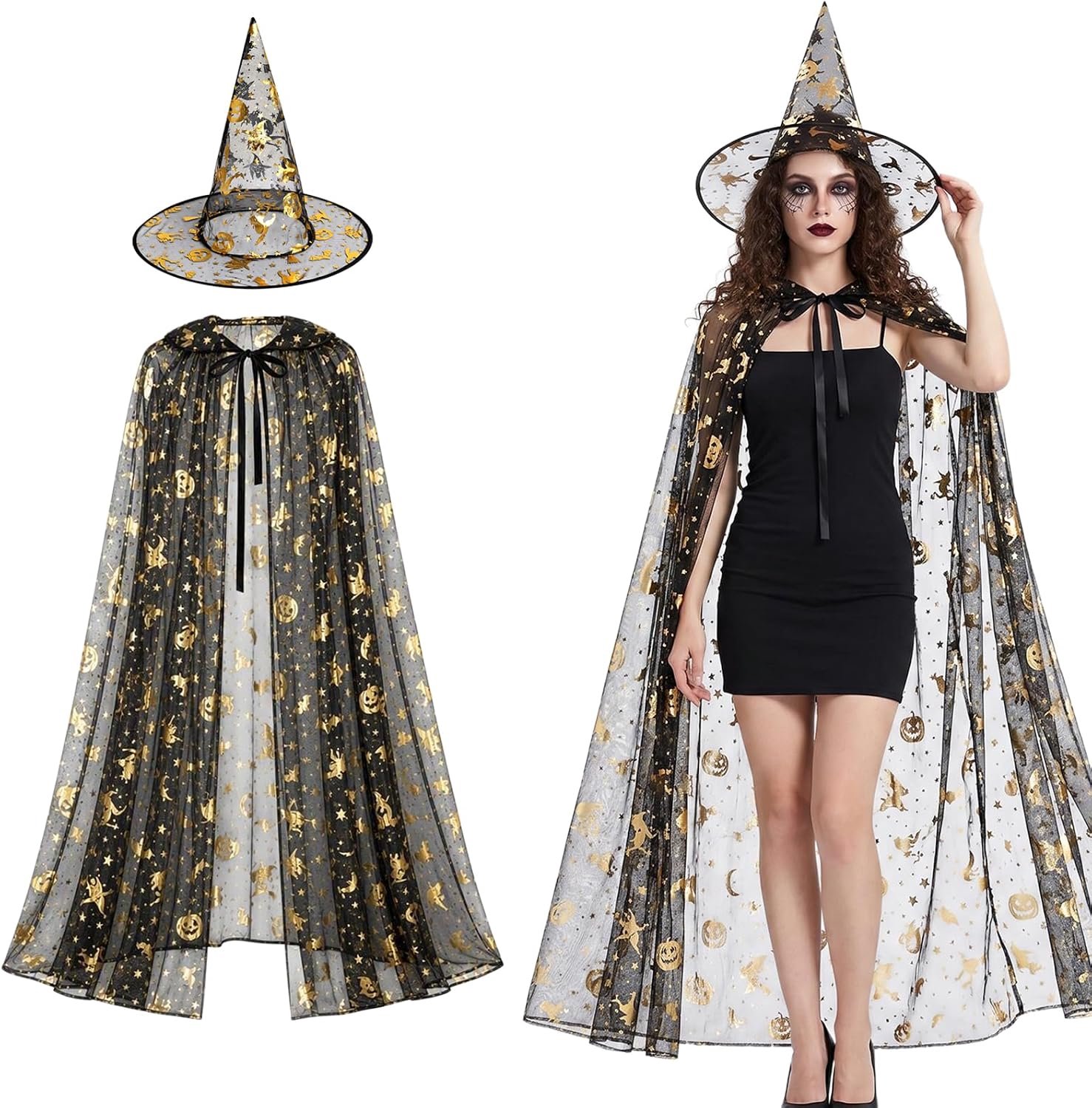 Halloweenkostuum, tovenaarscape met hoed, geestcape voor Halloween, schattig of zuur, carnaval, cosplay-feest