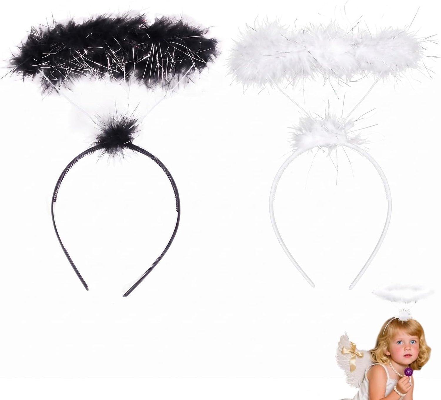 Set van 2 heiligschijnen, haarband, engel, wit, zwart, engelenvleugels, hoofdtooi voor dames, Halloween, engelkostuum, accessoires, hoofdband voor carnaval, cosplay, themafeest