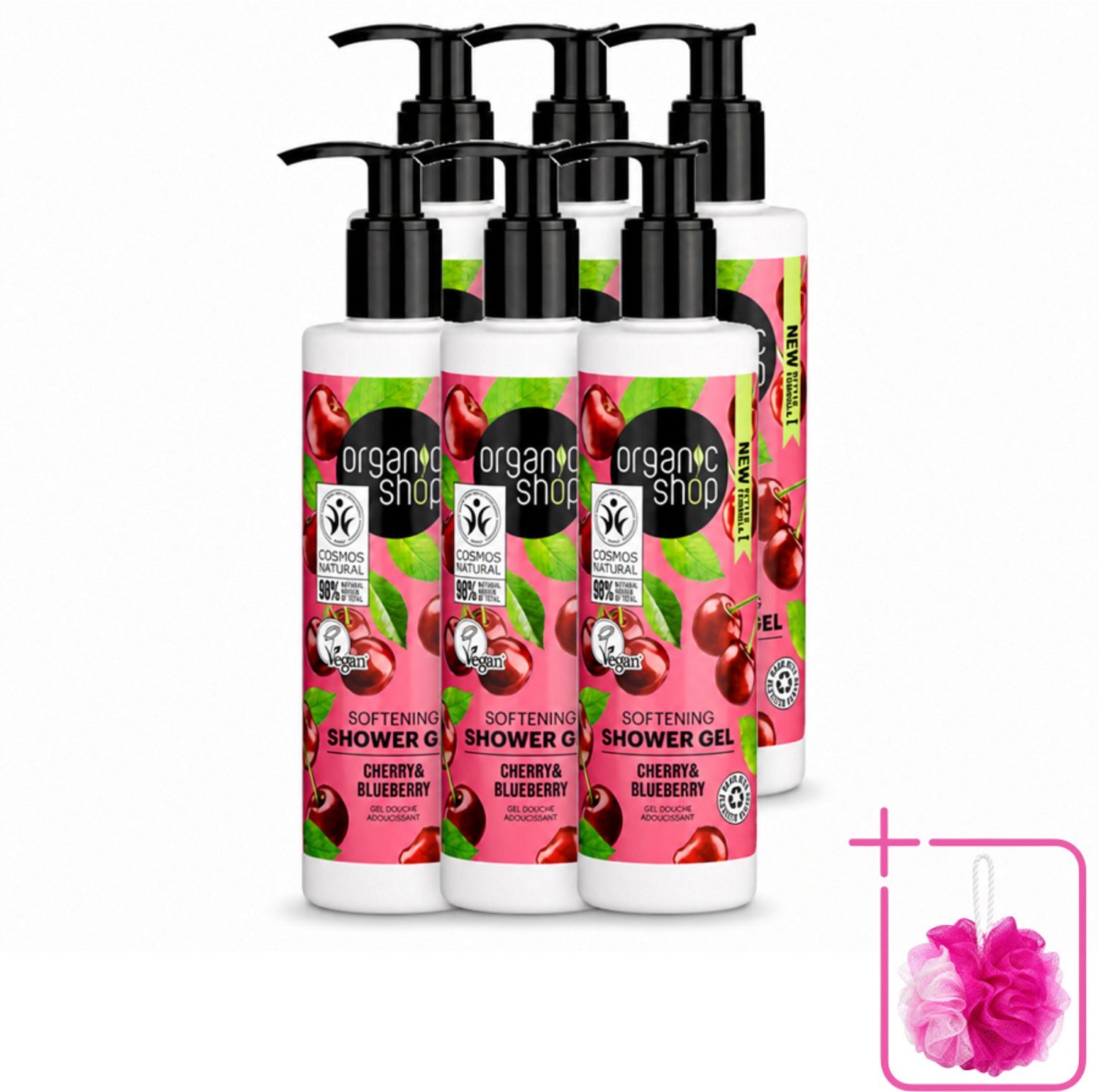 6 x Organic Shop - Douchegel Cherry & Blueberry - Verfrissend en Hydraterend - 280 ml - Bulkverpakking - Douchegel - Douchemop - Natuurlijke douchegel