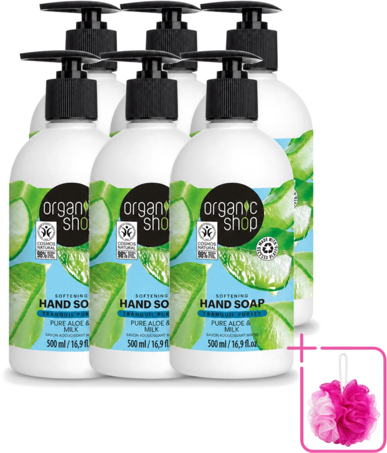 6 x Organic Shop - Handzeep Aloe & Milk - Verzachtend en Hydraterend - 500 ml - Bulkverpakking - Handzeep - Douchemop - Natuurlijke handzeep