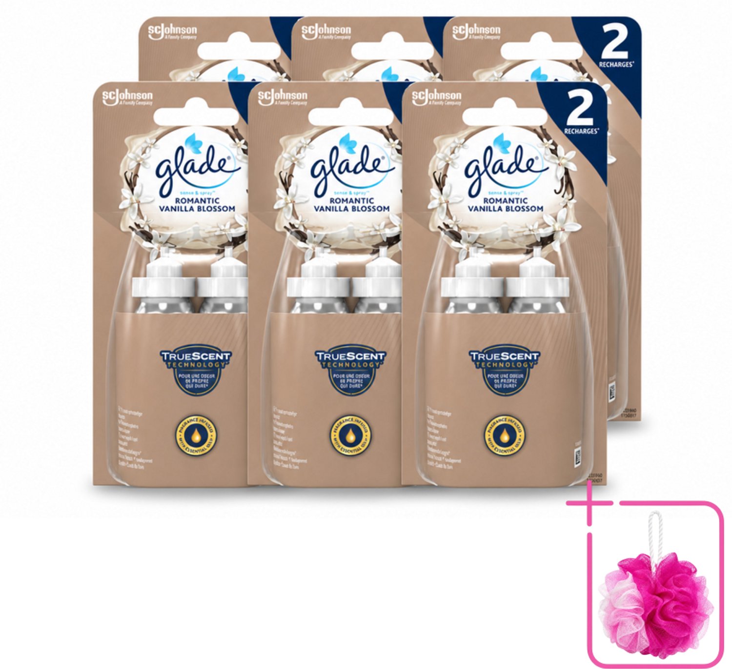 6 x Glade - Sense & Spray - Romantic Vanillebloesem - 2 × 18 ml - Bulkverpakking - Romantische geur - Douchemop - Geurverspreiding