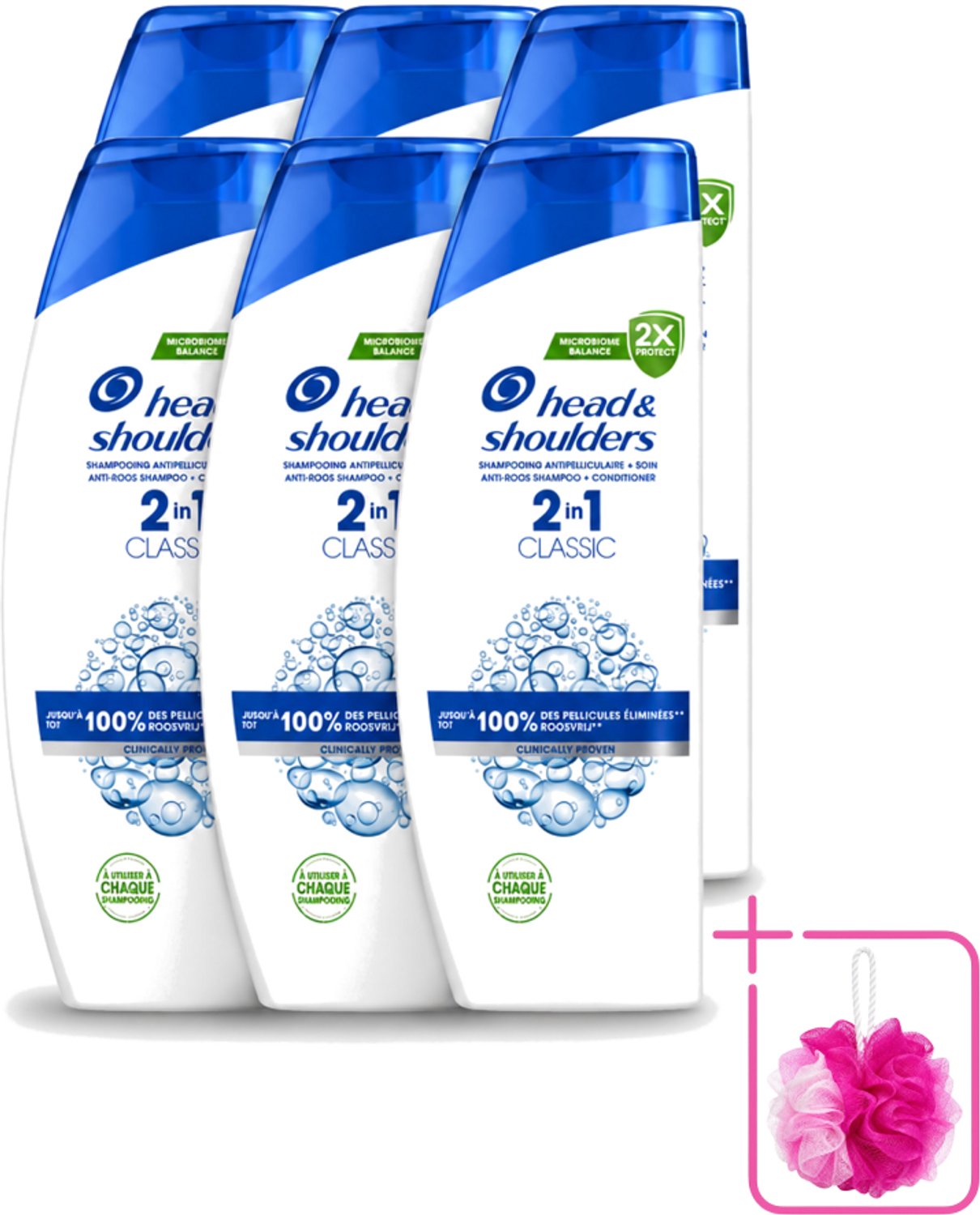 6 x Head & Shoulders - Shampoo - 2-in-1 - Classic - 100% Roosvrij - 400 ml - Bulkverpakking - Roosvrij haar - Douchemop - Roosverlichting