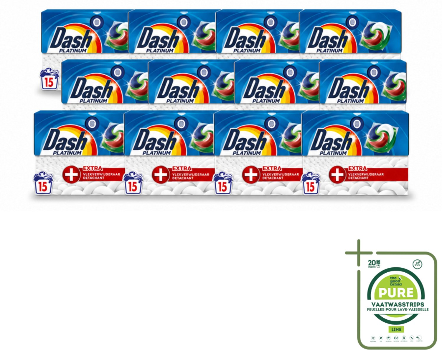12 x Dash – Wasmiddelcapsules – 4in1 Platinum Pods + Extra Vlekkenverwijderaar – 15 capsules - Grootverpakking - Vaatwasstrips - Vlekverwijdering - Wasmiddel - Wascapsule - Krachtige Reiniging - Extra Vlekverwijdering