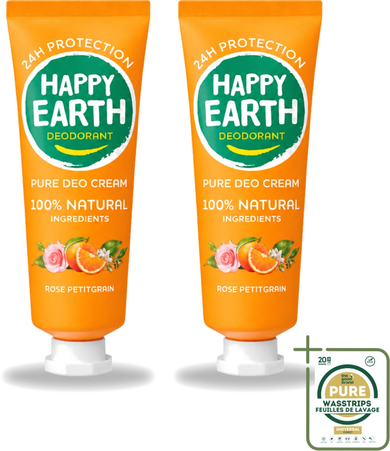 2 x Happy Earth – Deodorant Cream – 100% Natuurlijk Rose Petitgrain – 40 ml - Wasstrips - 100% Natuurlijk Deodorant - Fris Geur - Bloemige Geur - Deodorant Crème - Anti-irritatie