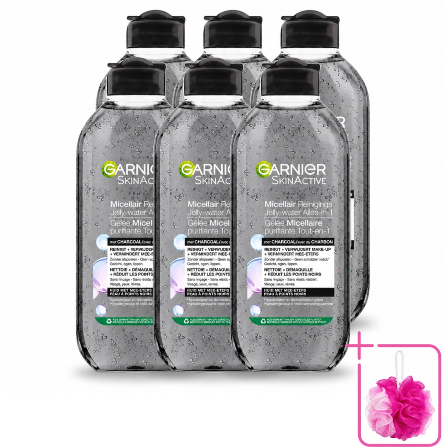6 x Garnier - SkinActive - Micellair Jelly-water - Alles-in-1 - Charcoal - 400 ml - Bulkverpakking - Huid reinigen - Douchemop - Make-up verwijderen