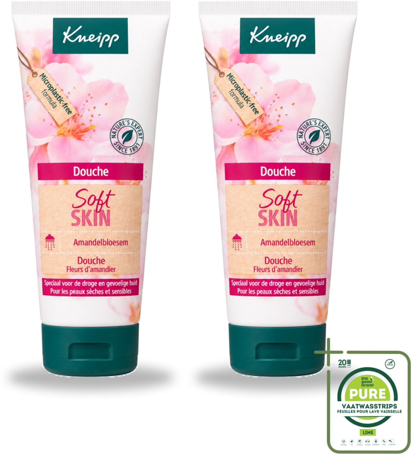 2 x Kneipp – Amandel – Douche – 75 ml - Grootverpakking - Vaatwasstrips - Douchegel - Amandelolie - Sheabutter - Droge Huid - Gevoelige Huid