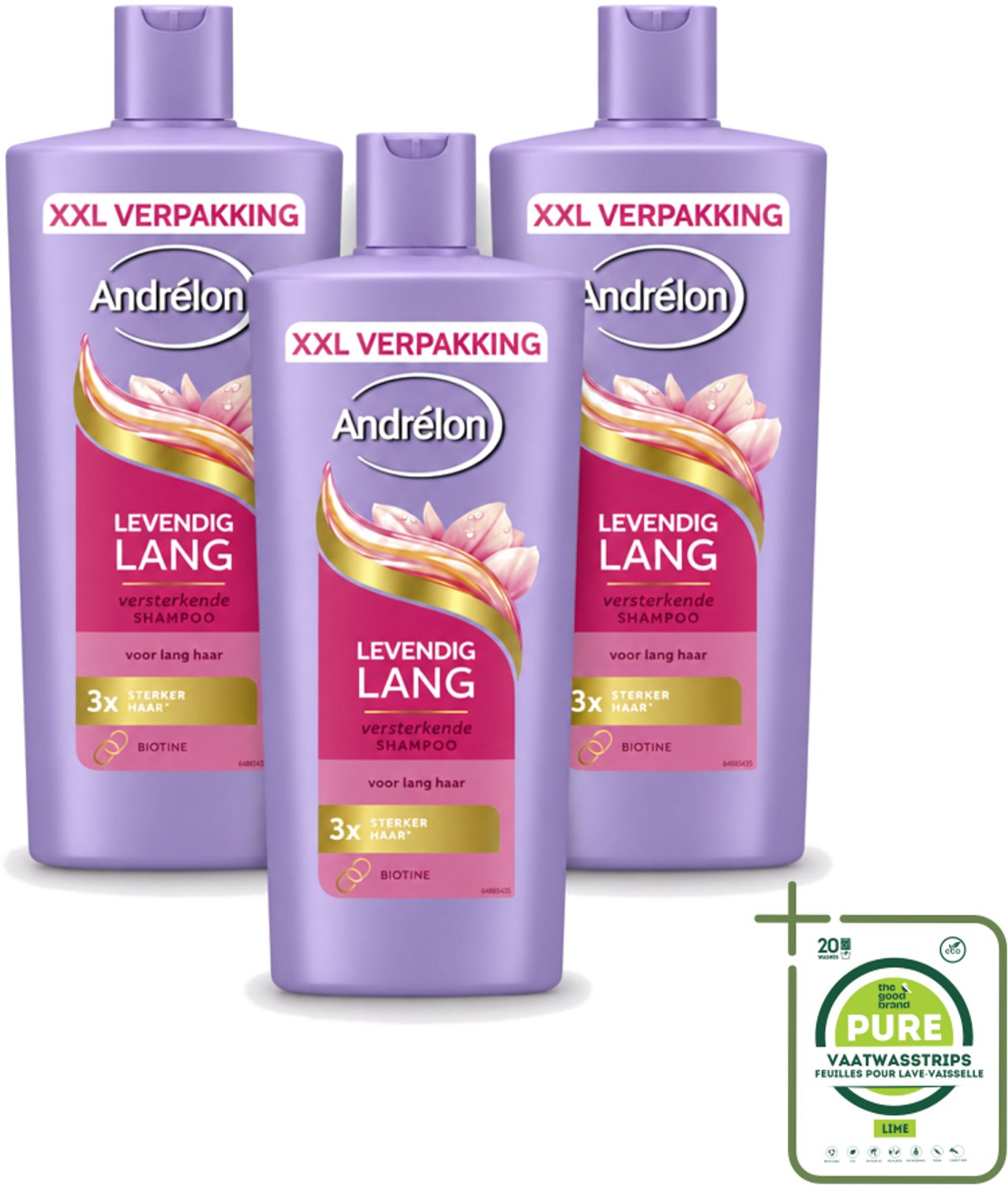 3 x Andrélon – Shampoo – Levendig Lang – 685 ml - Grootverpakking - Vaatwasstrips - Lang Haar Verzorging - Biotine Shampoo - Sterk Haar - Gezond Haar - Haarschade