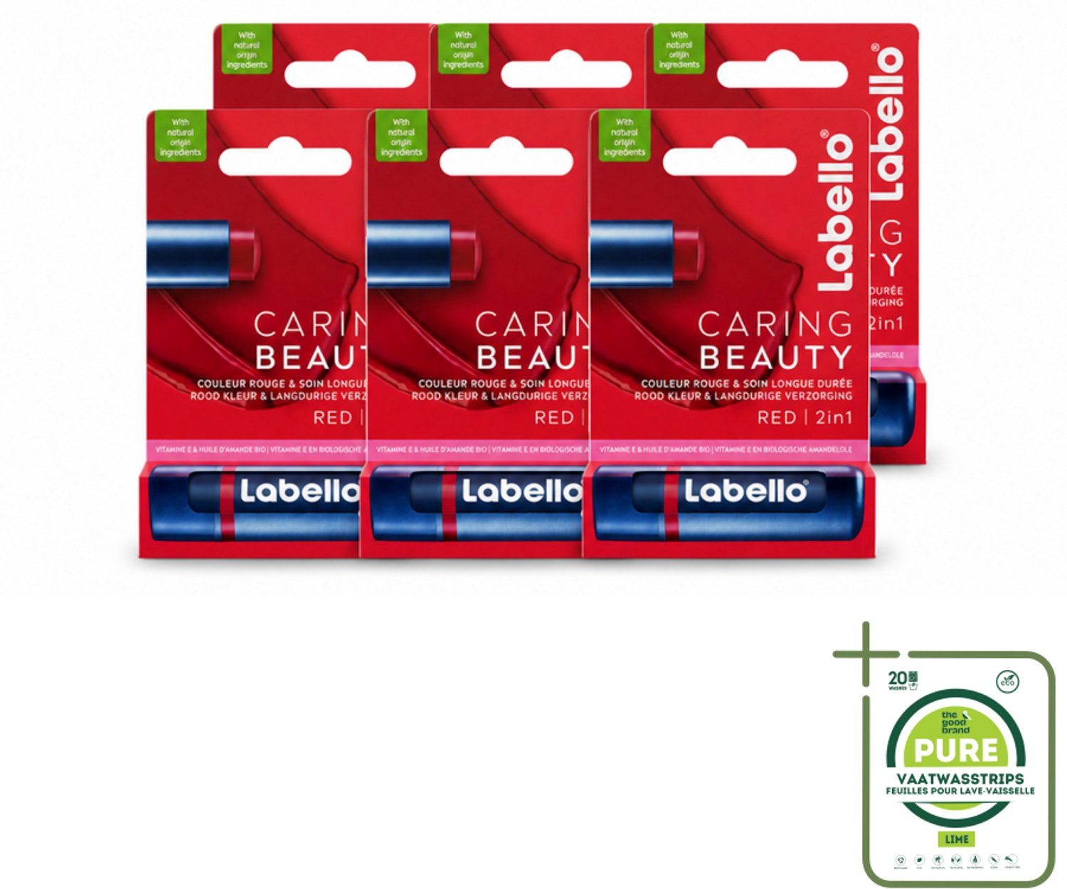 6 x Labello –Lippenbalsem – Caring Beauty Red – 5,5 ml - Grootverpakking - Vaatwasstrips - Lippenbalsem - Verzorging - Rode Tint - Hydraatatie - Natuurlijke Oliën