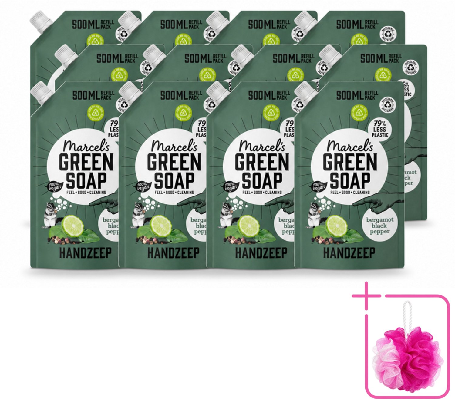 12 x Marcel's Green Soap - Handzeep - Bergamot & Black Pepper - Natuurlijke verzorging - 500 ml - Bulkverpakking - Handzeep navulling - Douchemop - Biologisch afbreekbaar