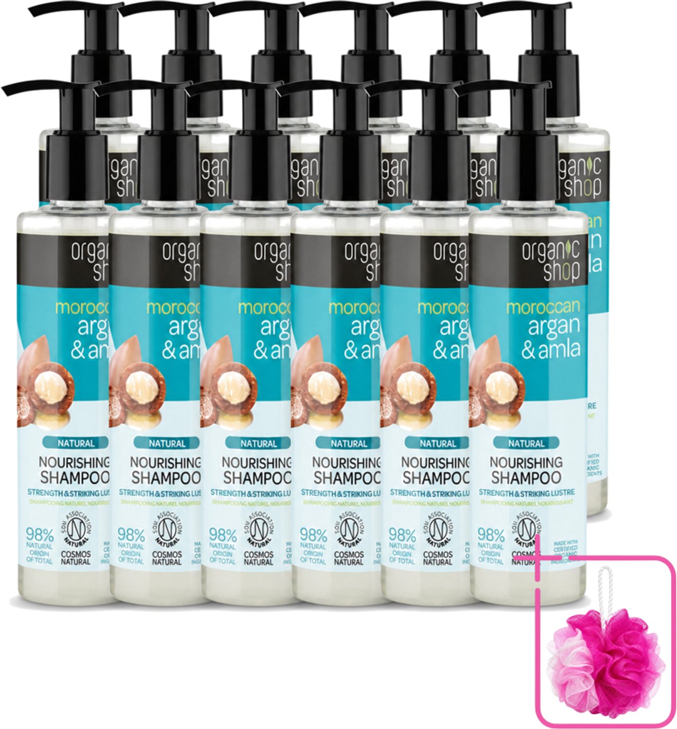 12 x Organic Shop - Natural Nourishing Shampoo - Argan Hair & Amla - Herstellend en Voedend - 280 ml - Bulkverpakking - Argan haar shampoo - Douchemop - Amla haar shampoo