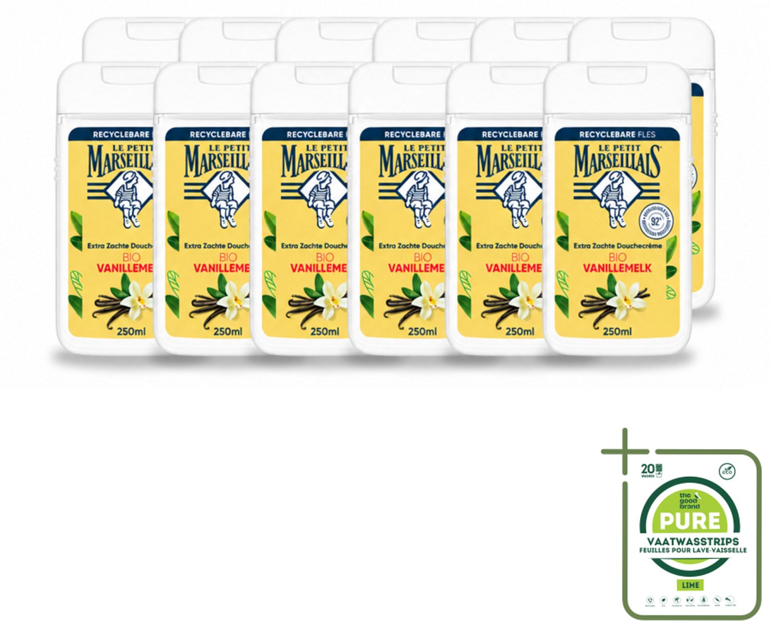12 x Le Petit Marseillais – Douchecrème – Lait de Vanille Bio – Extra zacht – 250 ml - Grootverpakking - Vaatwasstrips - Douchecrème - Vanille - Bio - Huid Verzorgen - Natuurlijke Douchecrème