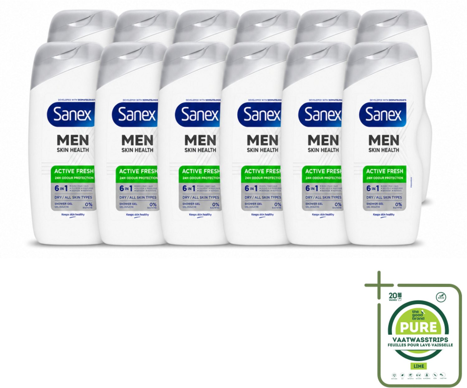 12 x Sanex – Douchegel – Men Active Fresh – 400 ml - Grootverpakking - Vaatwasstrips - Douchegel Voor Mannen - Frisheid - Geurcontrole - Huidverzorging - Scheergel