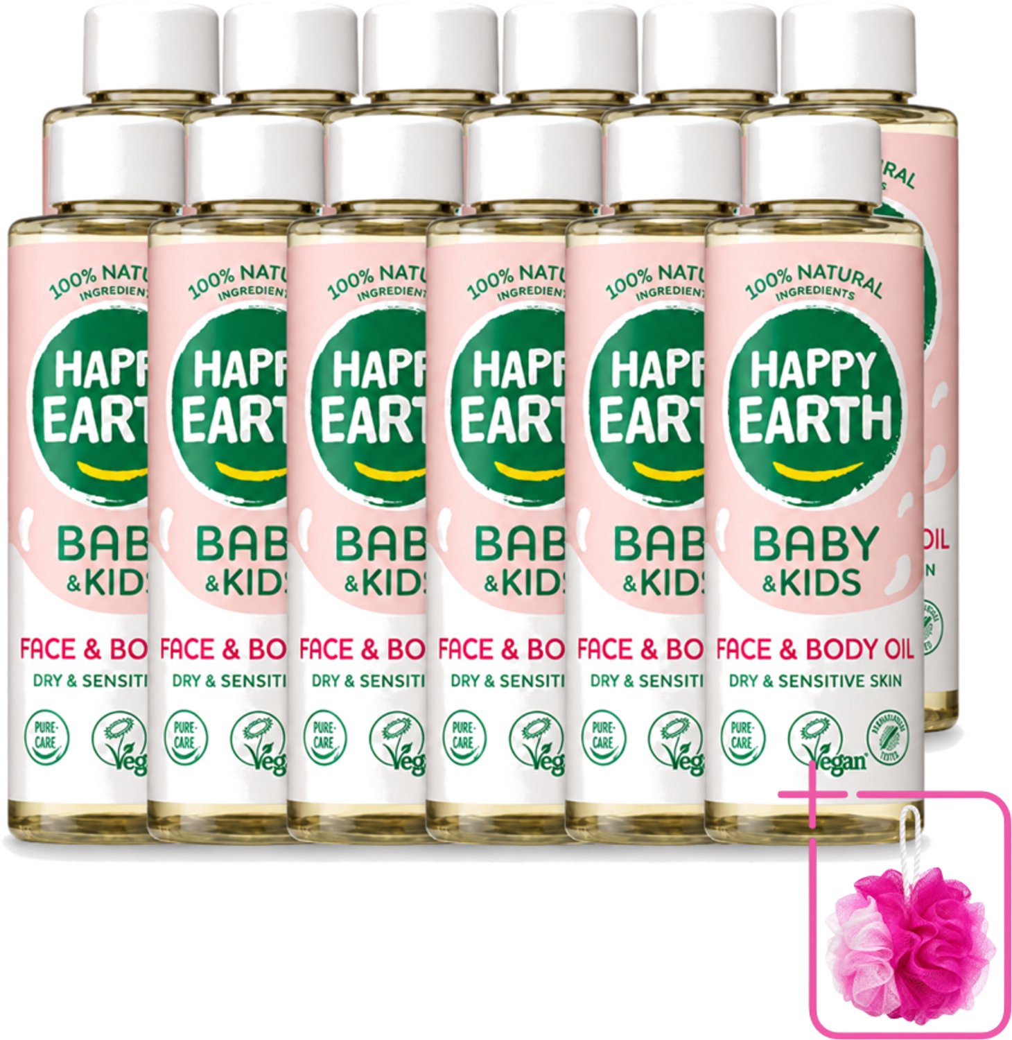 12 x Happy Earth – Face & Body Oil – 100% Natuurlijk Baby & Kids – 150 ml - Bulkverpakking - Babyolie - Douchemop - Gezichtsolie