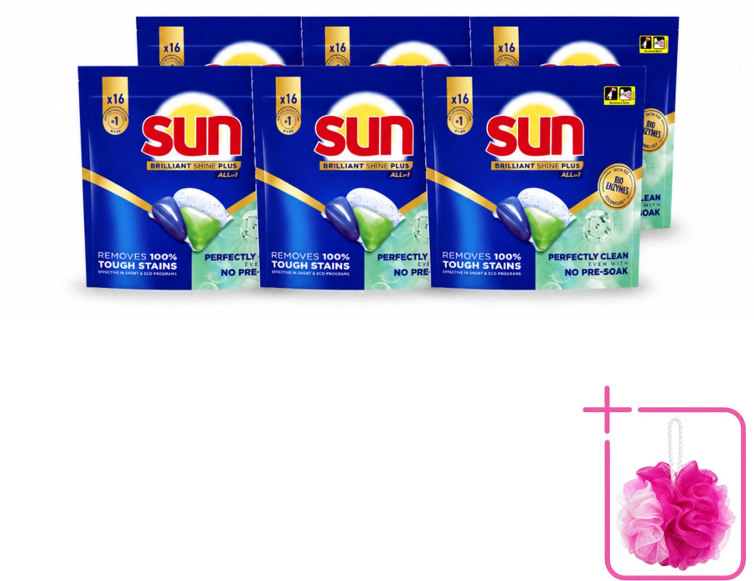 6 x Sun – Vaatwascapsules – Brilliant Shine+ All-in-1 – 16 capsules - Bulkverpakking - Vaatwasmiddel - Douchemop - Vaatwascapsules