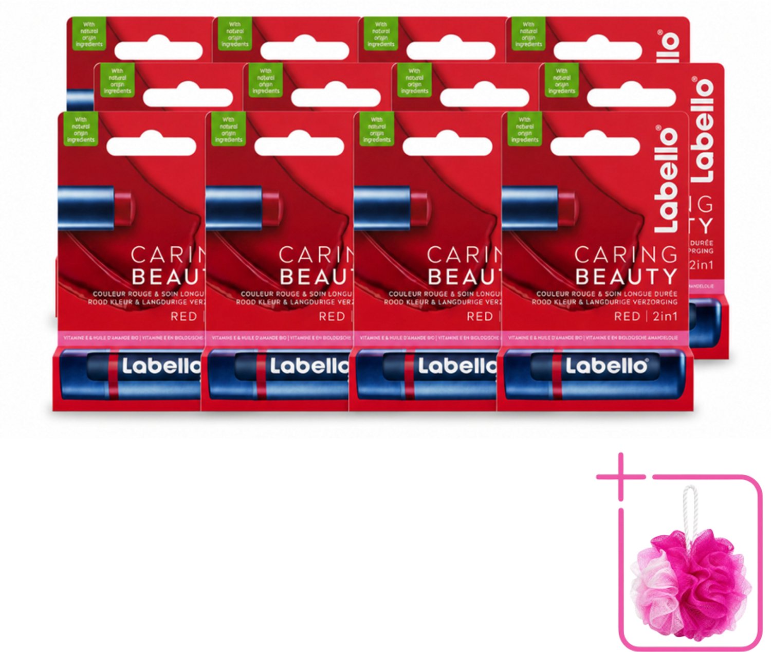 12 x Labello –Lippenbalsem – Caring Beauty Red – 5,5 ml - Bulkverpakking - Lippenbalsem - Douchemop - Verzorging
