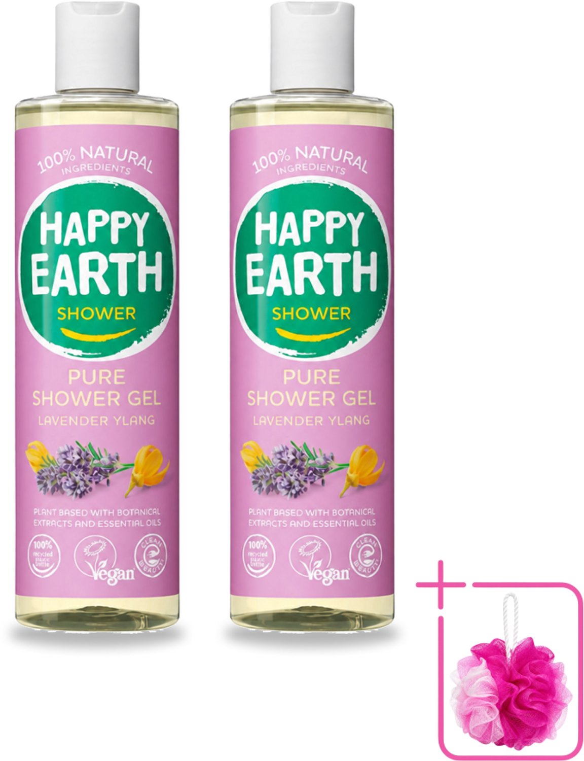 2 x Happy Earth – Douchegel – 100% Natuurlijk Lavender Ylang – 300 ml - Bulkverpakking - Douche gel - Douchemop - Natuurlijke douche