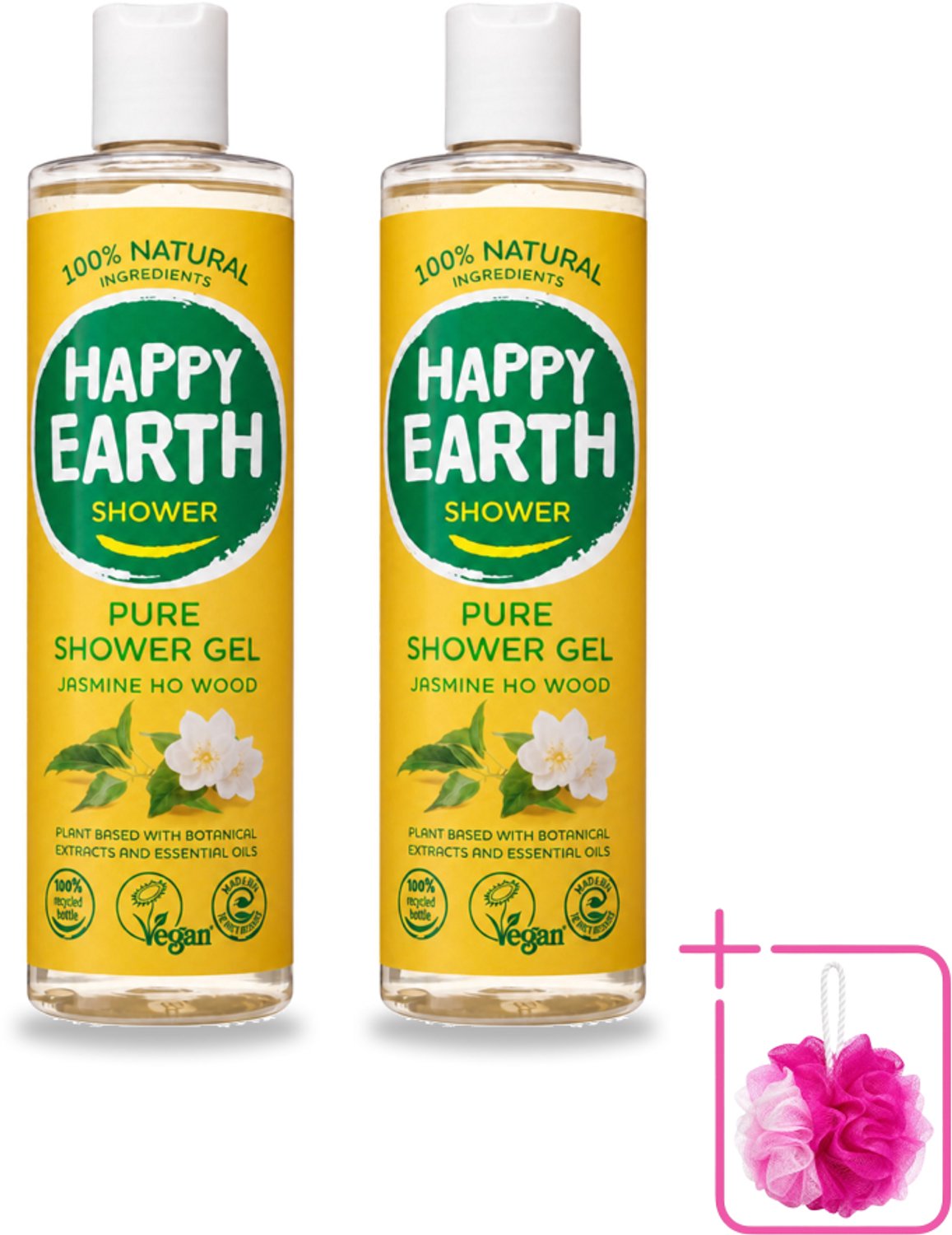 2 x Happy Earth – Douchegel – 100% Natuurlijk Jasmine Ho Wood – 300 ml - Bulkverpakking - Natuurlijke douchegel - Douchemop - Jasmijn en ho wood