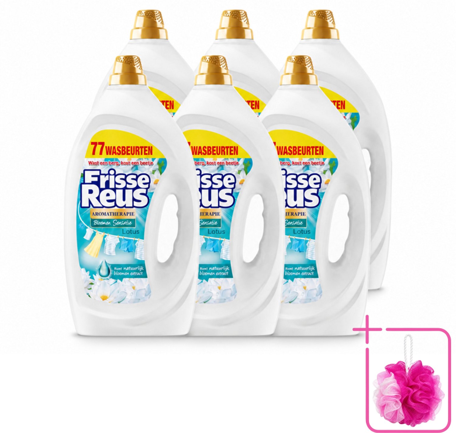 6 x Frisse Reus - Vloeibaar Wasmiddel - Lotus - Witte Was - 77 Wasbeurten - Bulkverpakking - Witte was - Douchemop - Frisse was