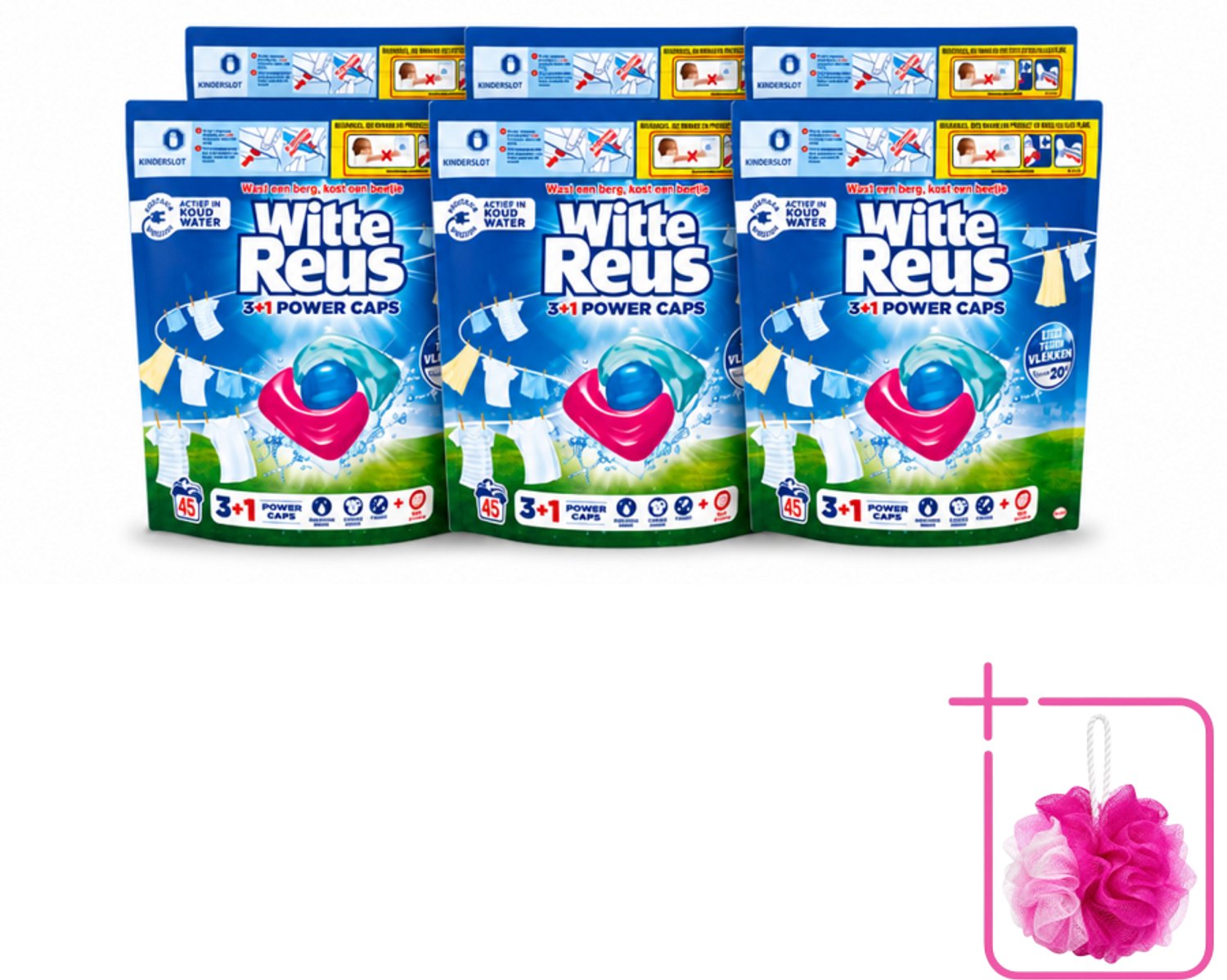 6 x Witte Reus - 3+1 Power Caps - Witte Was - 45 Wasbeurten - Bulkverpakking - Witte Reus Power Caps - Douchemop - Waskracht