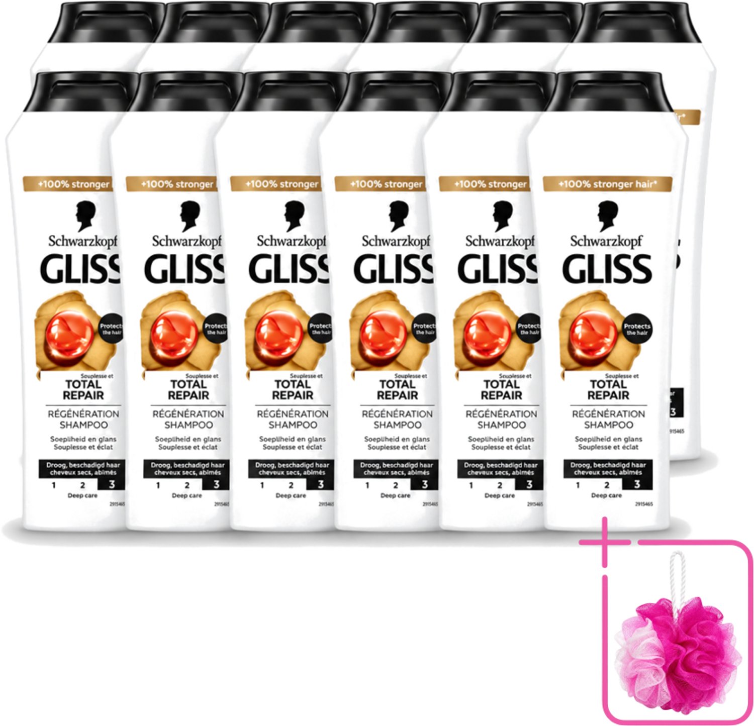 12 x Gliss - Shampoo - Total Repair - Voor Intensief Haarherstel - 250 ml - Bulkverpakking - Haarkracht - Douchemop - Haarherstel