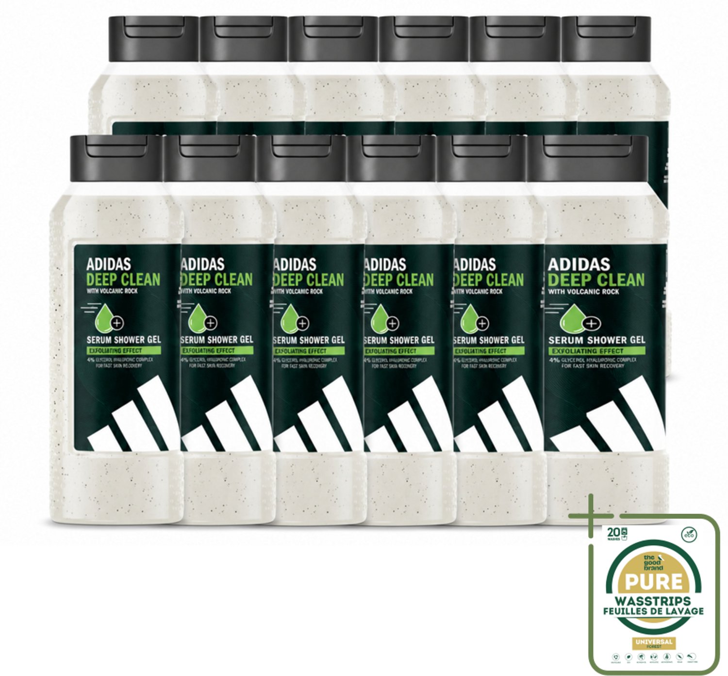 12 x Adidas – Douchegel – Active Skin & Mind Deep Clean – 250 ml - Wasstrips - Douchegel - Huid Reinigen - Exfoliëren - Vulkanische Steen - Huid Hyderatatie