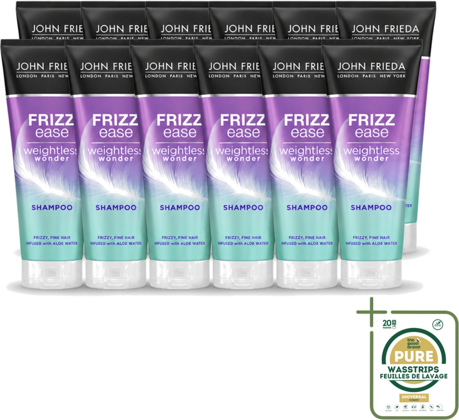 12 x John Frieda – Shampoo – Frizz Ease Weightless Wonder – Lichtgewicht verzorging – 250 ml - Pluizend Haar - Anti-pluis Shampoo - Lichtgewicht Shampoo - Glad Haar - Fijn Haar