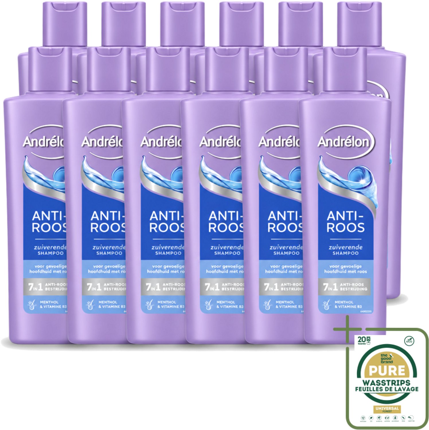 12 x Andrélon – Shampoo – Anti Roos – 250 ml - Wasstrips - Anti-roos Shampoo - Roos - Gevoelige Hoofdhuid - Menthol - Vitamine B3