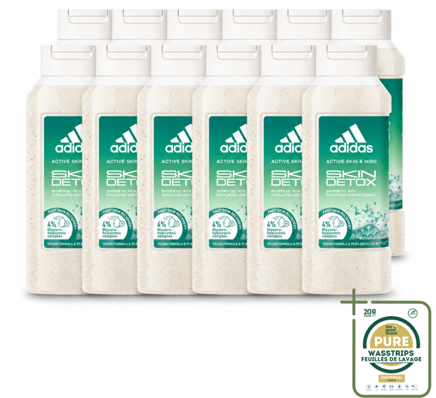 12 x Adidas – Douchegel – Active Skin & Mind Skin Detox – 250 ml - Wasstrips - Douchegel - Huidverzorging - Detox - Exfoliatie - Reiniging