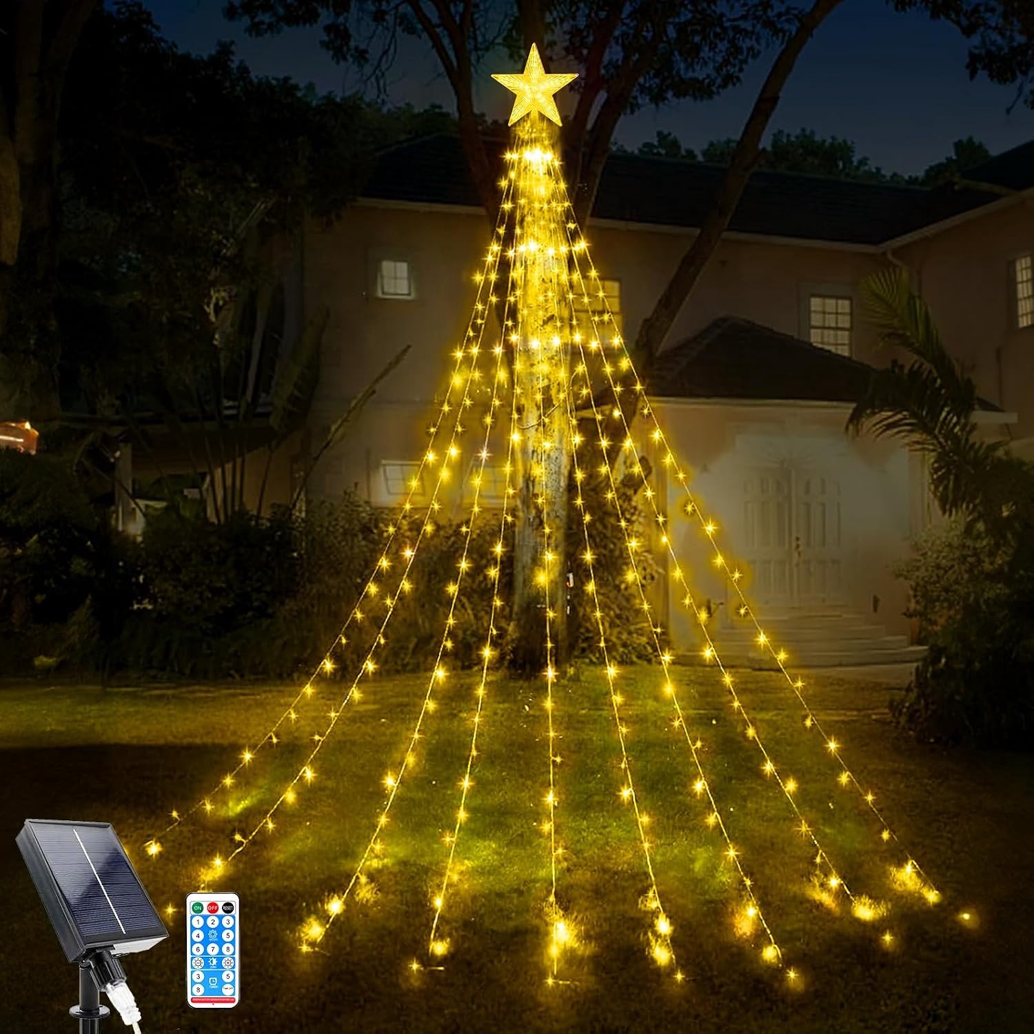 Kerstboom Waterval Lichten, 2 m / 6.56ft x 9 Lijnen Solar String Licht met Topper Ster en Afstandsbediening, 198 LEDs Waterdichte Fairy Lights met 8 Verlichtingsmodi voor Indoor Outdoor Xmas