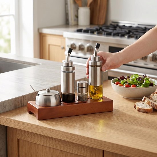 lyrlody Kruidenfles Roestvrijstalen Set, 304 Roestvrijstalen Kruidendispenser met Eikenhouten Basis, Luchtdichte Opslag, Gemakkelijk Schoon Te Maken, 31 X 10 X 4 Cm voor Keukeneettafel — afbeelding 3