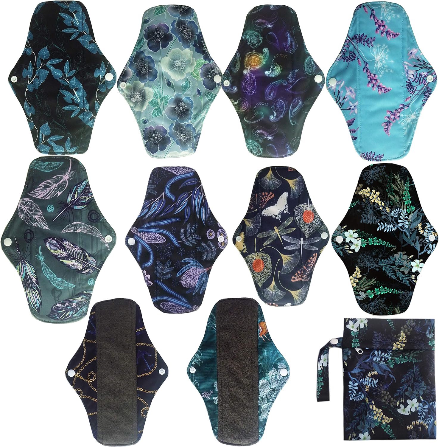 10 STKS 25,5 cm Houtskool Bamboe Doek Herbruikbare Wasbare Menstruatie Pads Maandverband 1 Natte Zak (NCM-M10-01)