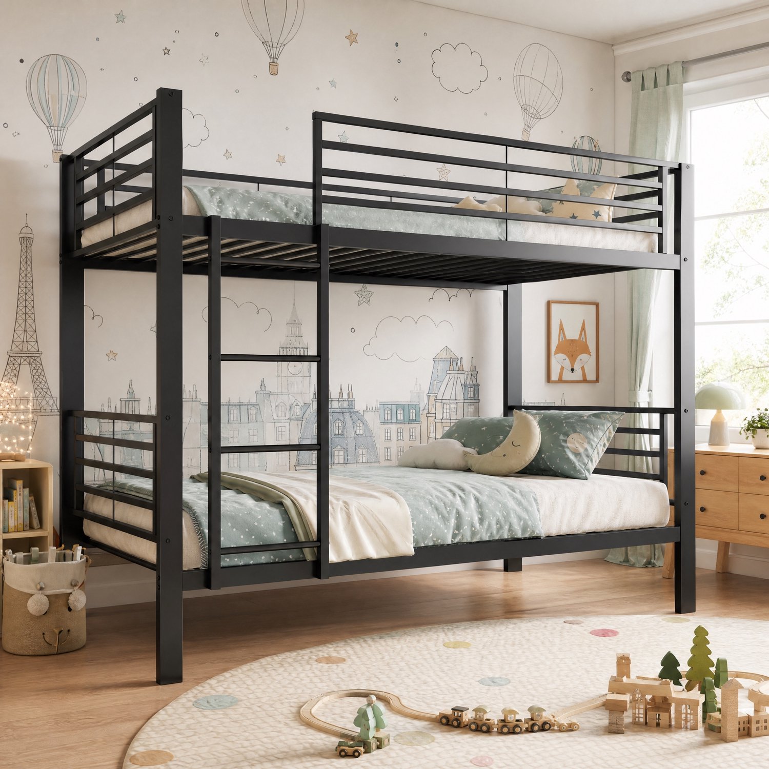 PHOEBE CAT Stapelbed - 90x200 cm - Metalen frame - Kinderbed - ladder links of rechts te monteren - Zwart
