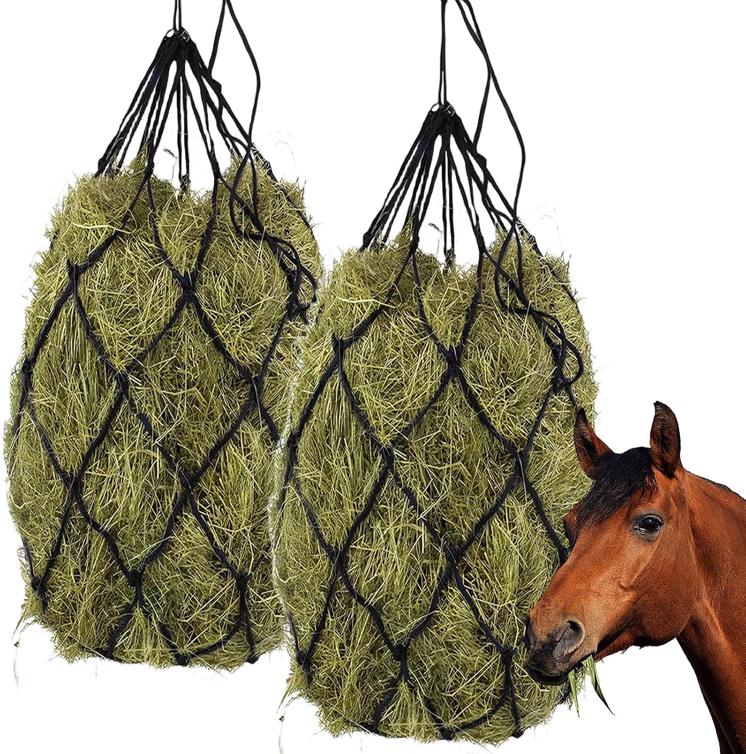 2 hooinetten voor paarden, hooizak, hooinet van gaas, hooinet voor paarden, landbouwhooinet, hooizak, verlengt de voedingstijd van paarden (zwart)
