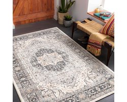 Carvapet Loper Tapijt 90x150cm Antislip Lang Tapijtloper Wasbaar Microvezel Vintage Medaillon Grijs Vloerkleed Looptapijt
