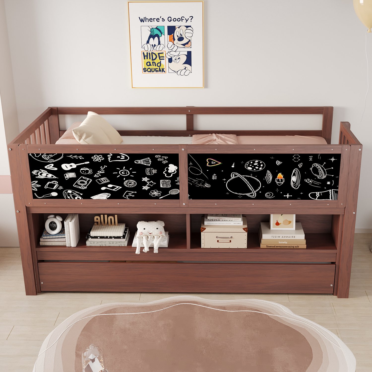 Merax Kinderbed 90x200 cm - uitschuifbaar bed - huisvormig - met krijtbord - met opbergruimte - met klimladder - stapelbed - zonder matras - bruin
