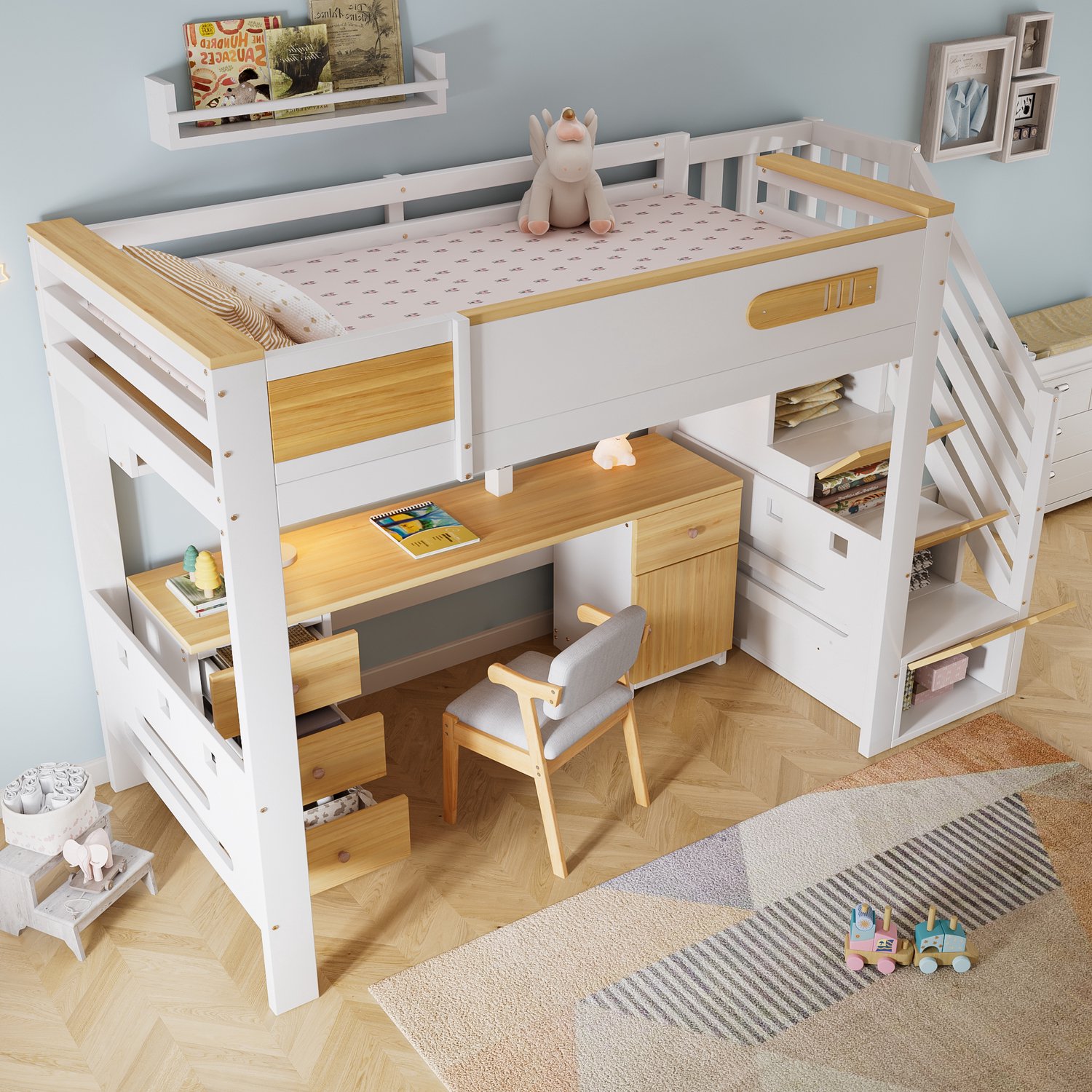Merax 90x200 cm hoogslaper met bureau - lades - opbergladder en kapstok - kinderbed - wit en houtkleur - zonder matras